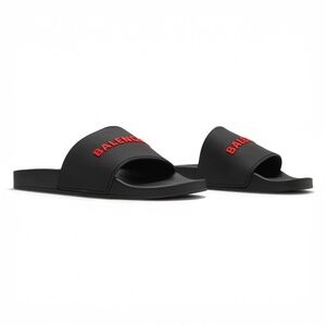 Balenciaga Black Red Pool Slide Sandals Men’s Rubber Logo - NEW - EU 42 | US 9